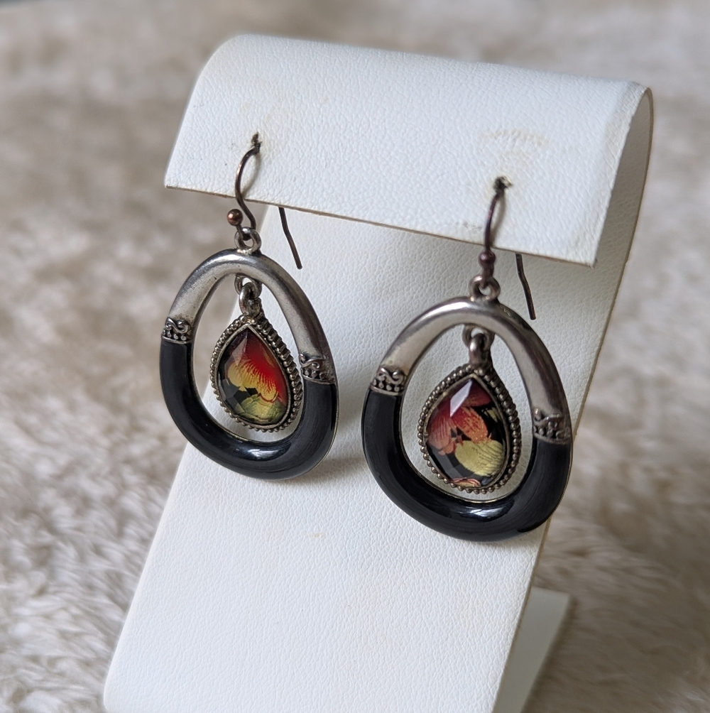 Vintage 80's Black and Silvertone Teardrop Pierced Earrings - Picture 2 of 6
